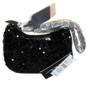 Nicole Miller Black Sequin Shoulder Bag Patent Hobo Handbag NEW Party wear Retro